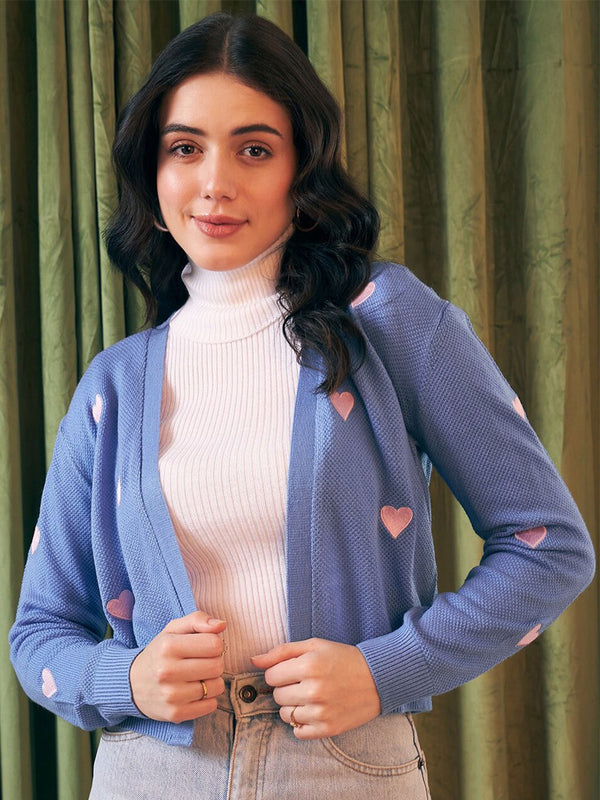 Berrylush Heart Graphic Printed Open Front Acrylic Sweater