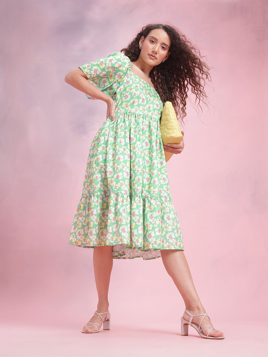 DressBerry Floral Print Flared Sleeve A-Line Midi Dress