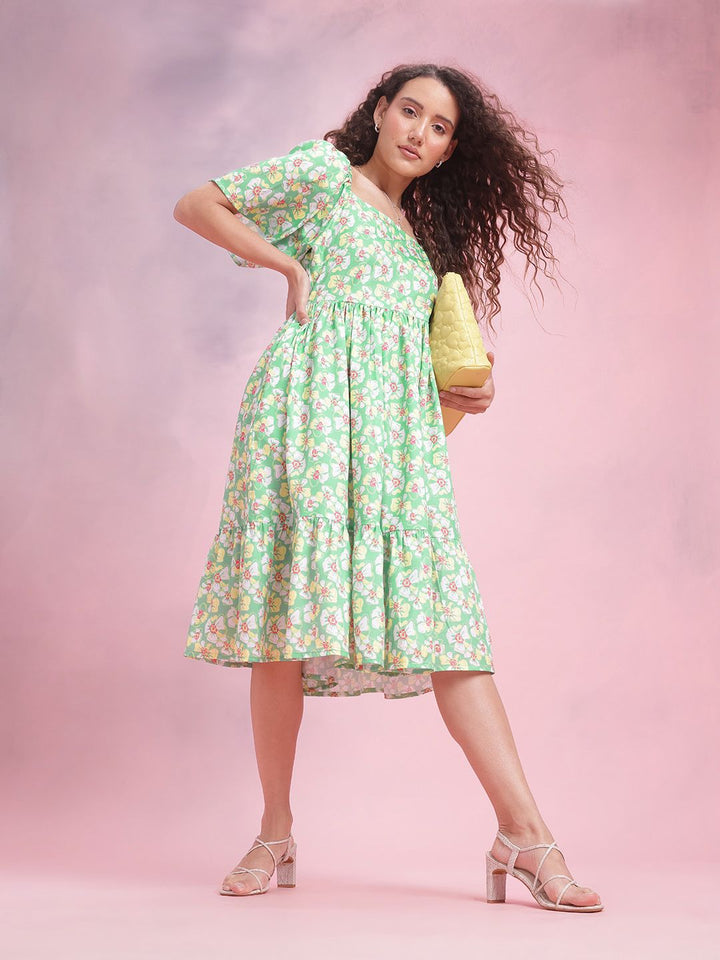 DressBerry Floral Print Flared Sleeve A-Line Midi Dress