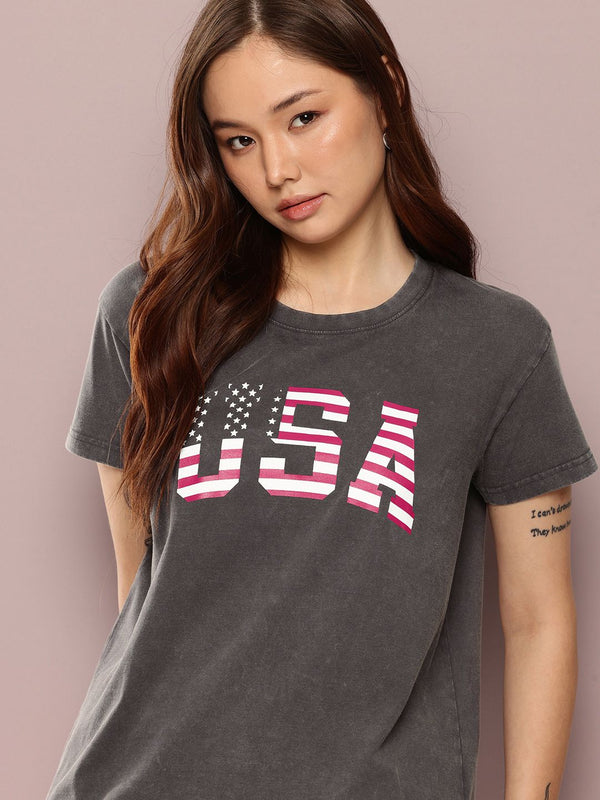 DILLINGER Women's Acid Washed Boxy Fit Varsity Printed Tshirt