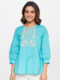 Global Desi Puff Sleeves Floral Embroidered Key-Hole Neck Pure Cotton Top