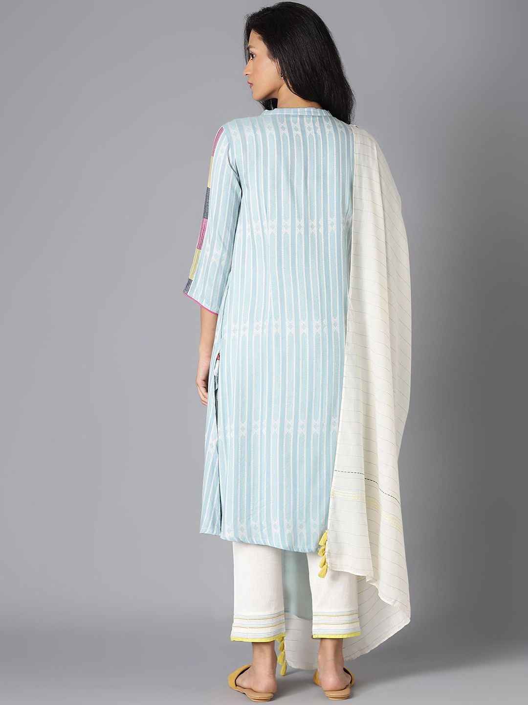W Women Blue Striped Kurta with Trousers & With Dupatta