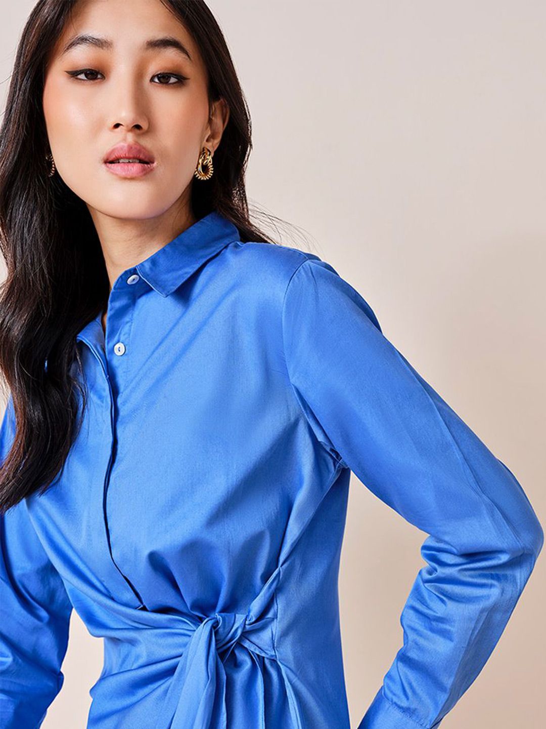 AND Women Solid Shirt Collar Long Sleeves Cotton Top