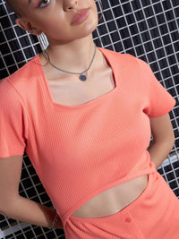 SASSAFRAS Peach-Coloured Square Neck Cut-Out Top