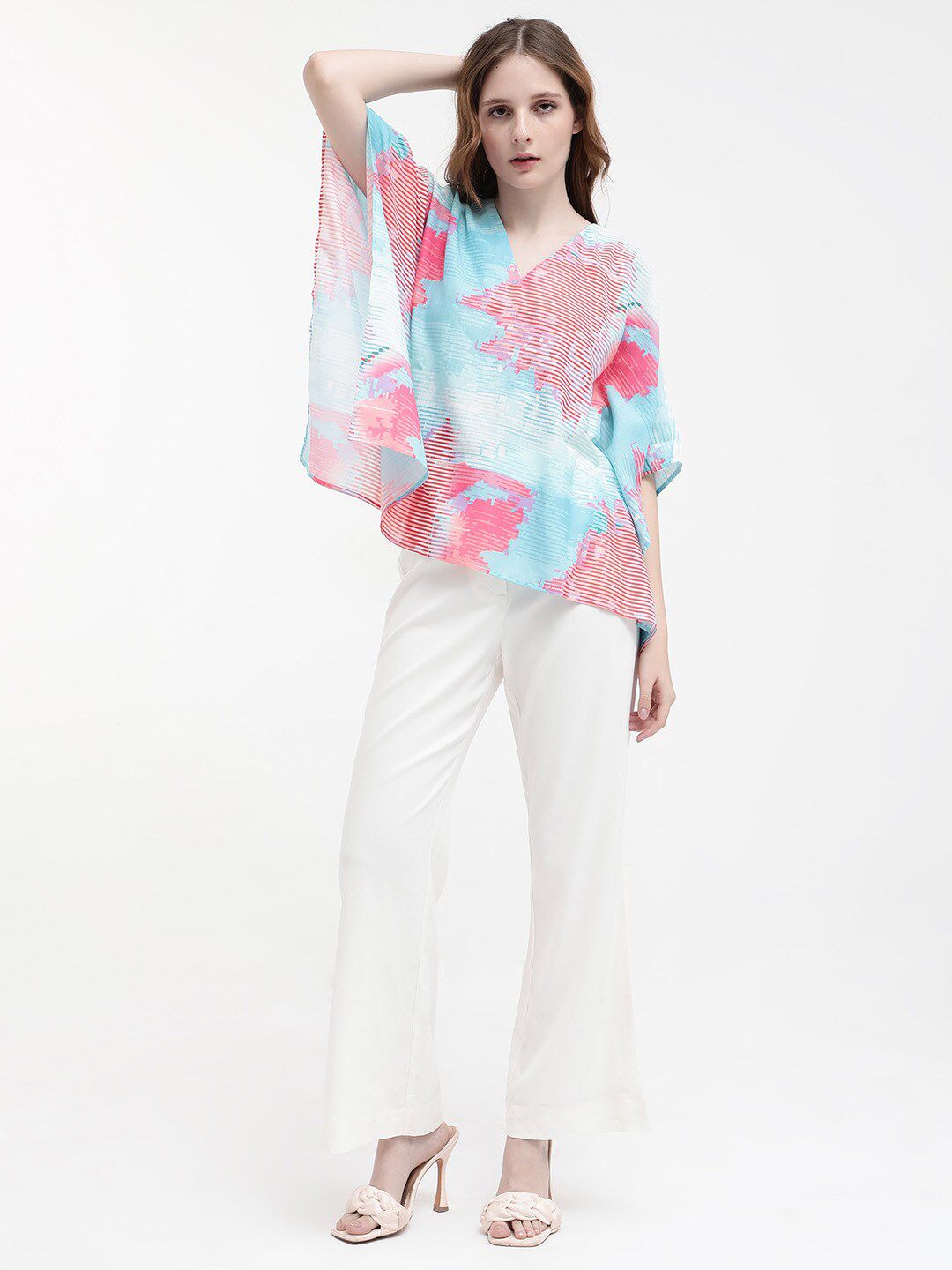 RAREISM Arial Abstract Print Extended Sleeves Linen Kaftan Top