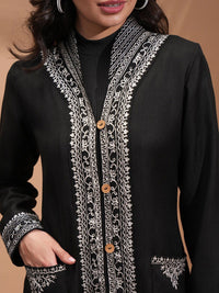 Vishudh Black Floral Embroidered Spread Collar Longline Tailored Jacket