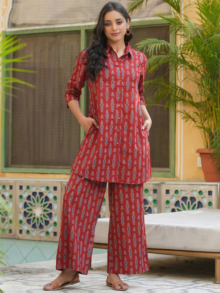 SANSKRUTIHOMES Red Printed Longline Pure Cotton Shirt with Lounge Pants