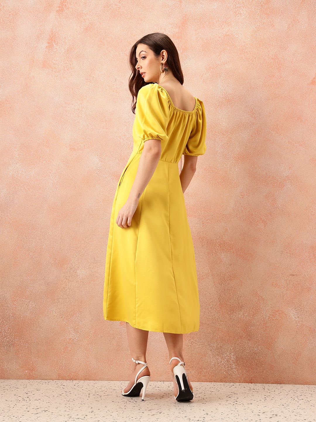 all about you Sweetheart Neck Puff Sleeves Satin Fit & Flare Midi Dress