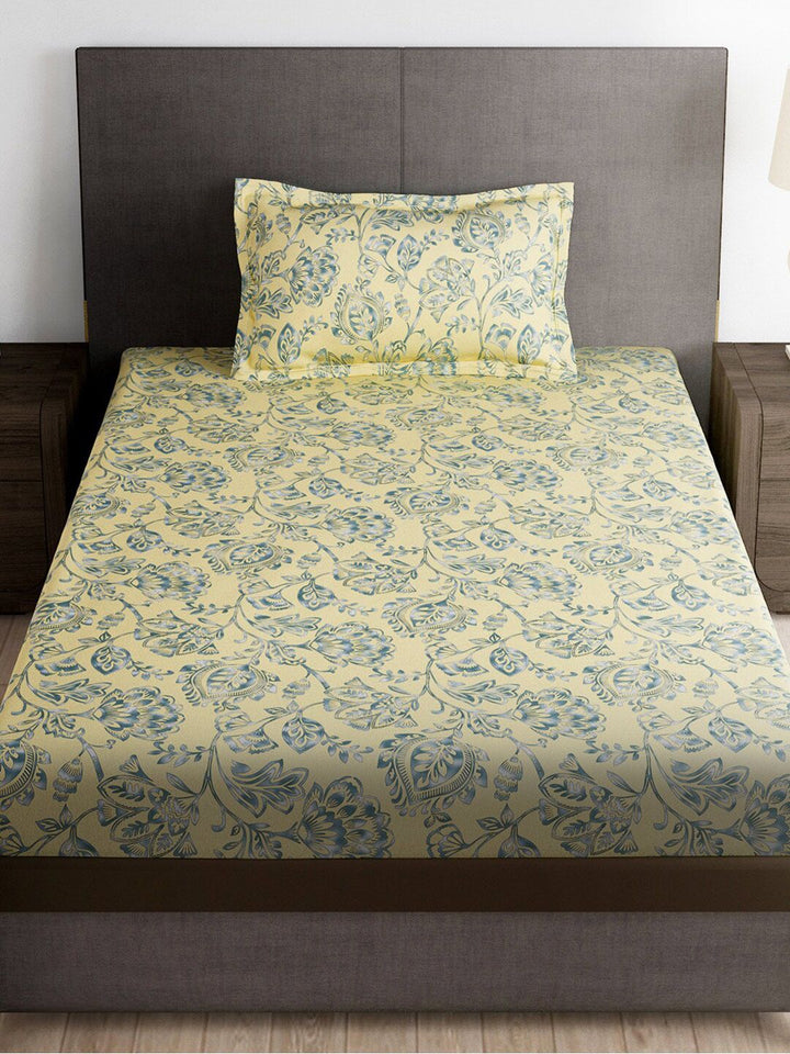 Story@home Cream-Coloured & Grey Floral Microfiber 180 TC Single Bedsheet & 1 Pillow Cover