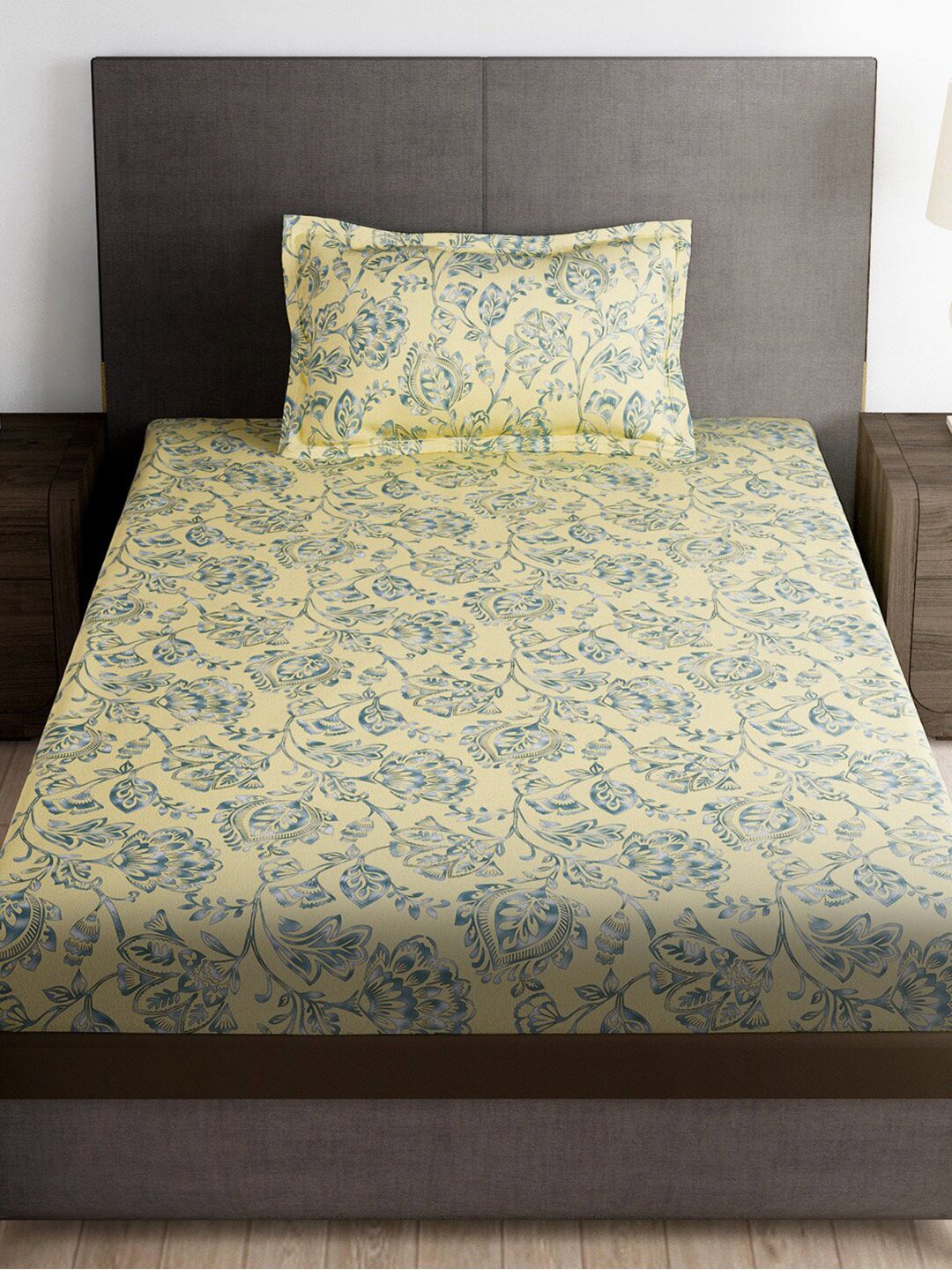 Story@home Cream-Coloured & Grey Floral Microfiber 180 TC Single Bedsheet & 1 Pillow Cover