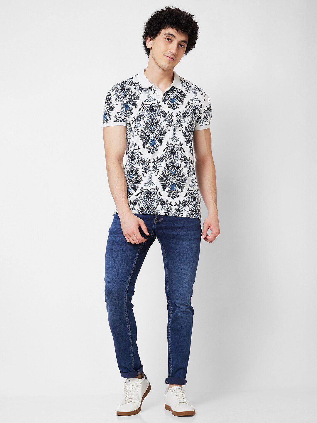 SPYKAR Abstract Printed Polo Collar Pure Cotton Slim Fit T-shirt