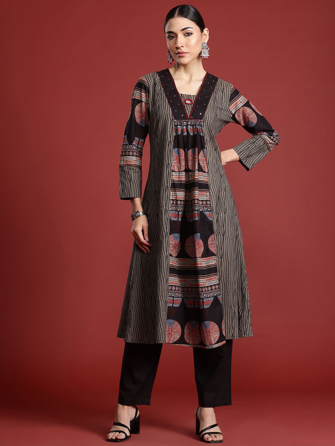 Indo Era Printed Panelled Sequinned Pure Cotton A-Line Kurta with Trousers