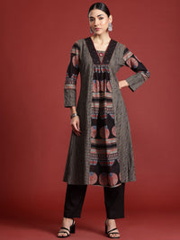 Indo Era Printed Panelled Sequinned Pure Cotton A-Line Kurta with Trousers
