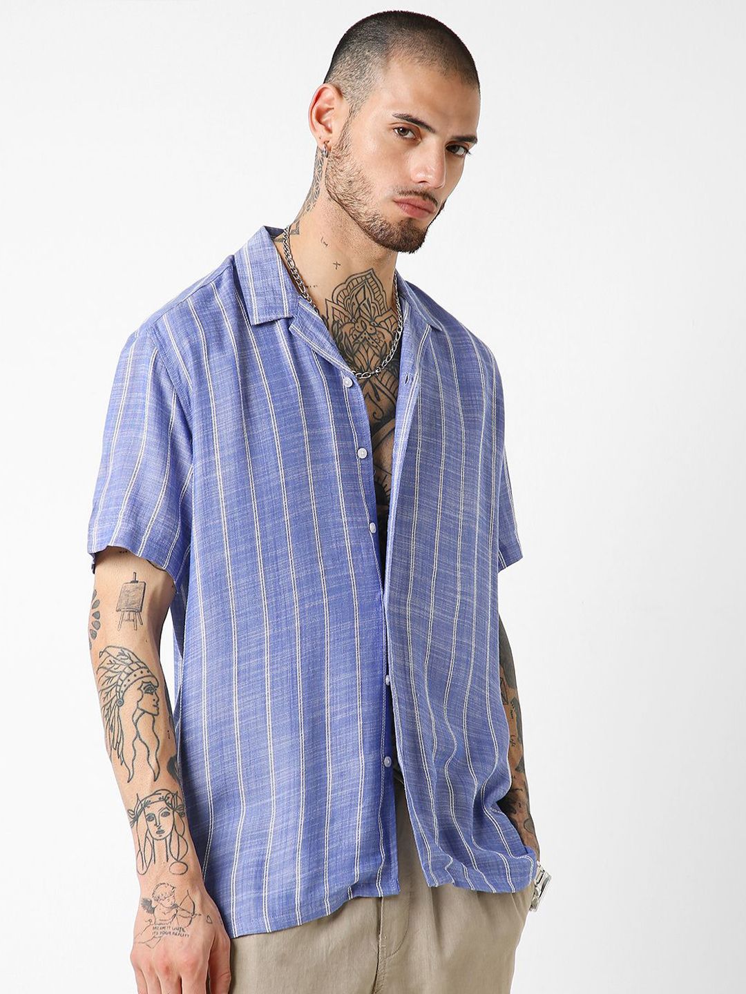 VASTRADO Men Striped Resort Collar Oversized Shirt