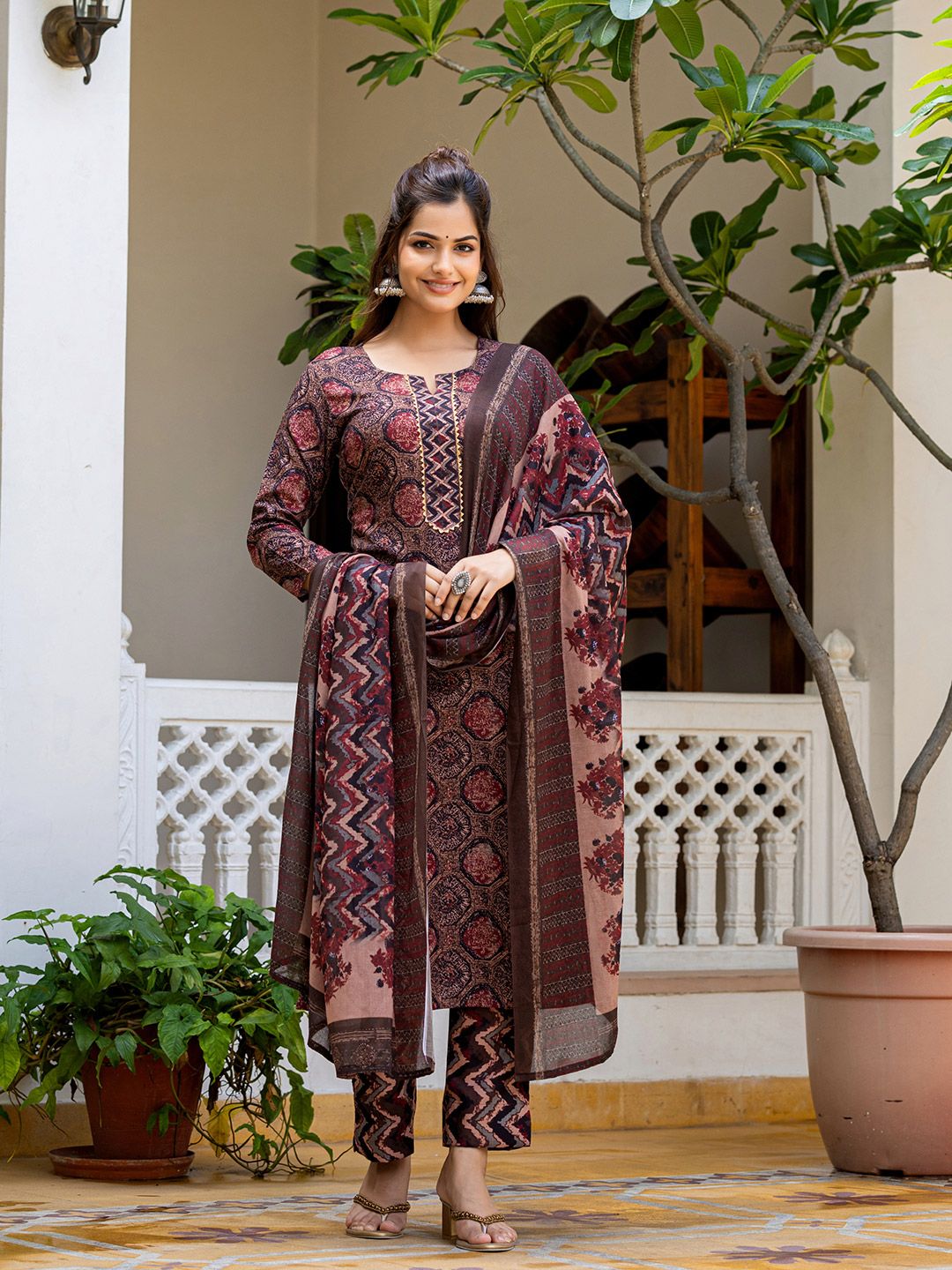 KALINI Geometric Printed Notch Neck Kurta With Trousers & Dupatta