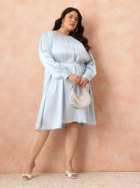 all about you Plus Size Puff Sleeve Satin Finish A-Line Party Dress with Tir-up Detail