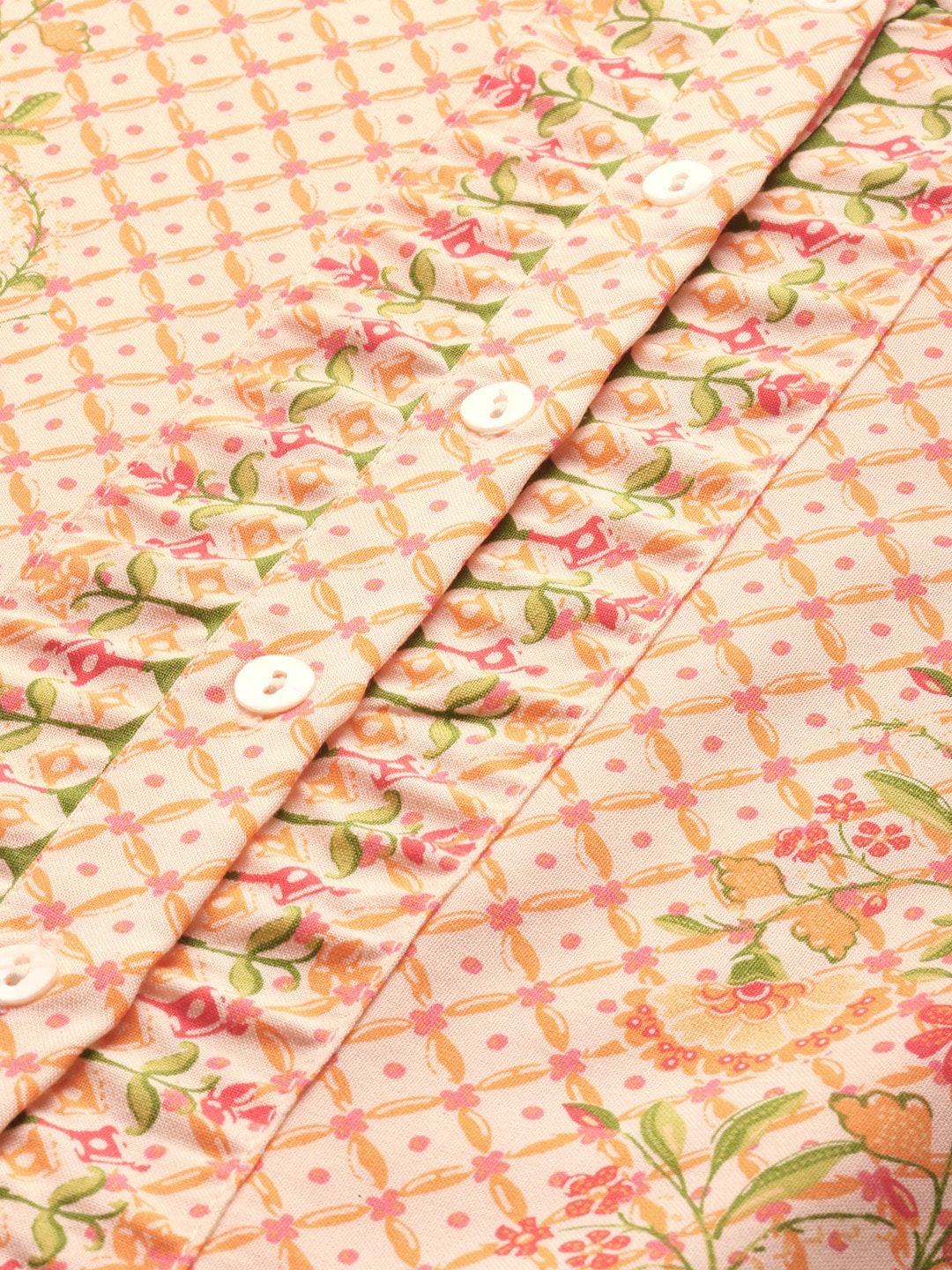 Global Desi Women Cream-Coloured & Orange Geometric Printed Kurta