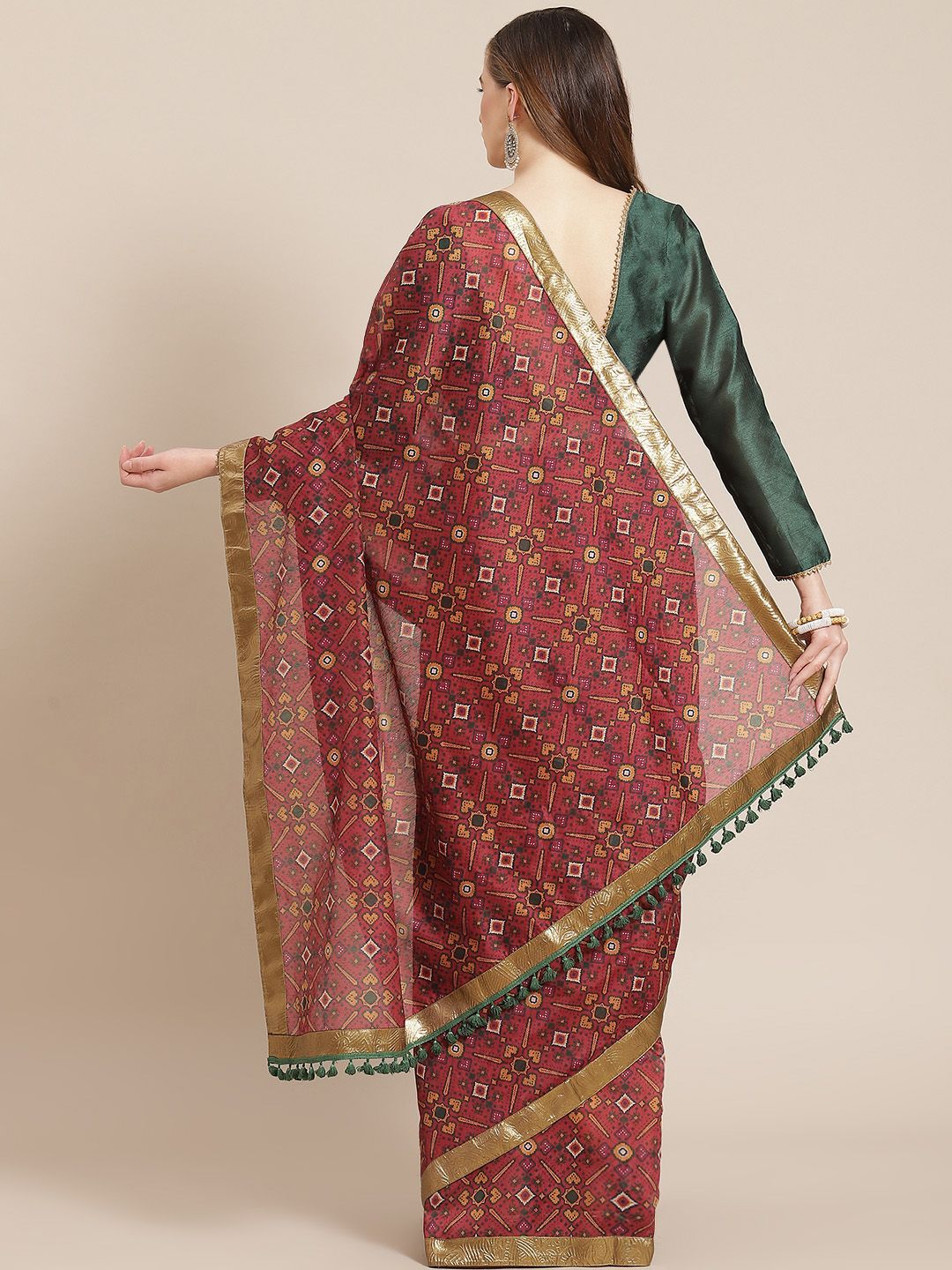 Shae by SASSAFRAS Maroon & Green Ethnic Motifs Patola Saree