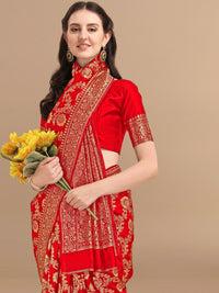KALINI Red & Golden Floral Zari Silk Blend Banarasi Saree