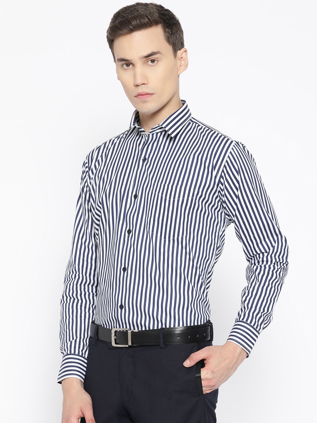 Hancock Men White & Navy Slim Fit Striped Formal Shirt