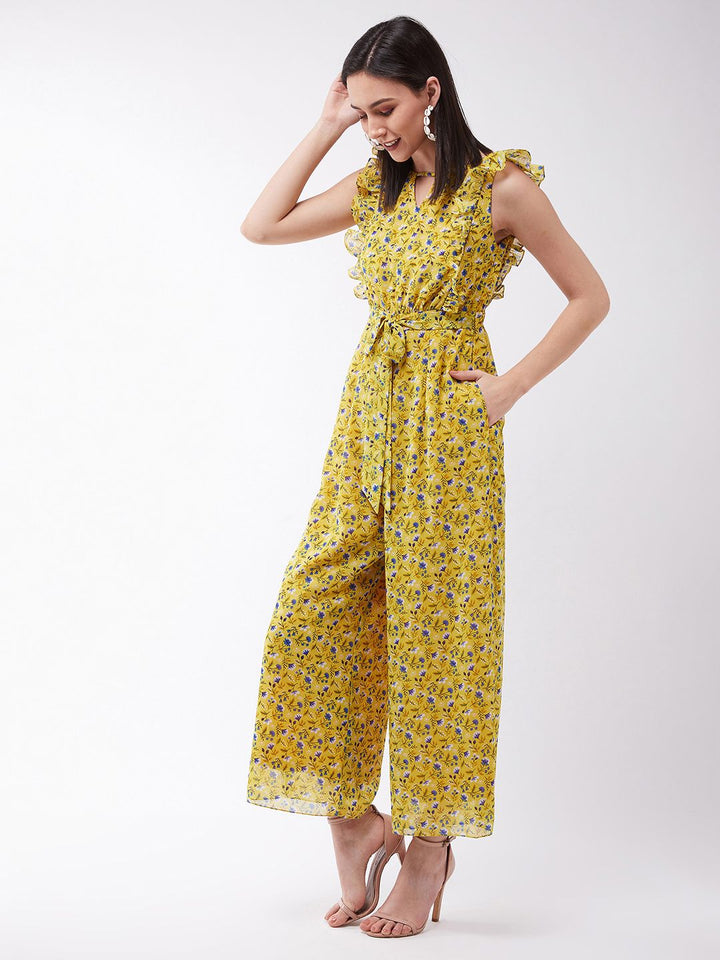 Miss Chase Women Chase Floral Printed Frilled Neck Lengan Tanpa Lengan Lebar Lebar Biasa Jumpsuit