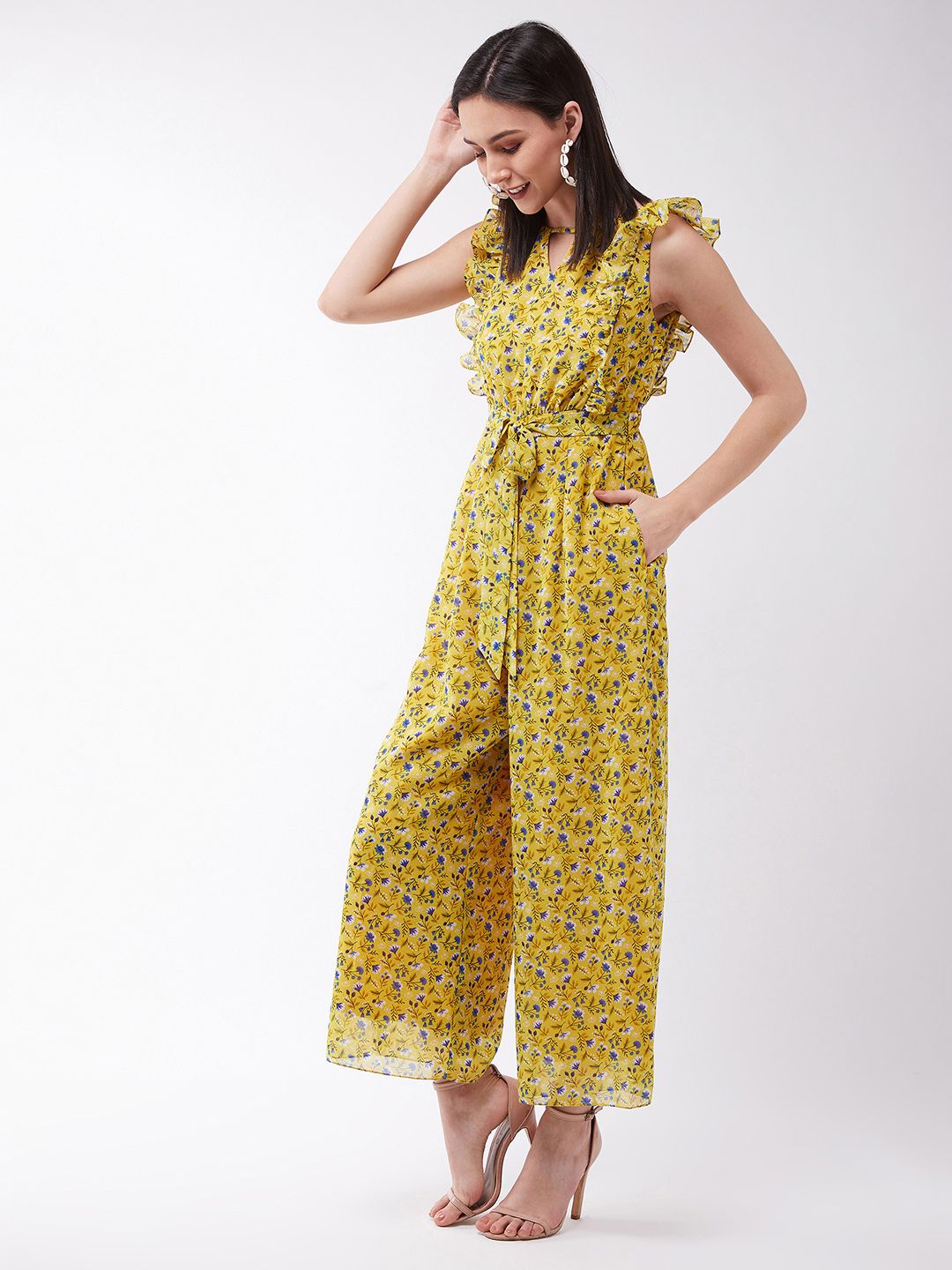 Miss Chase Women Chase Floral Printed Frilled Neck Lengan Tanpa Lengan Lebar Lebar Biasa Jumpsuit