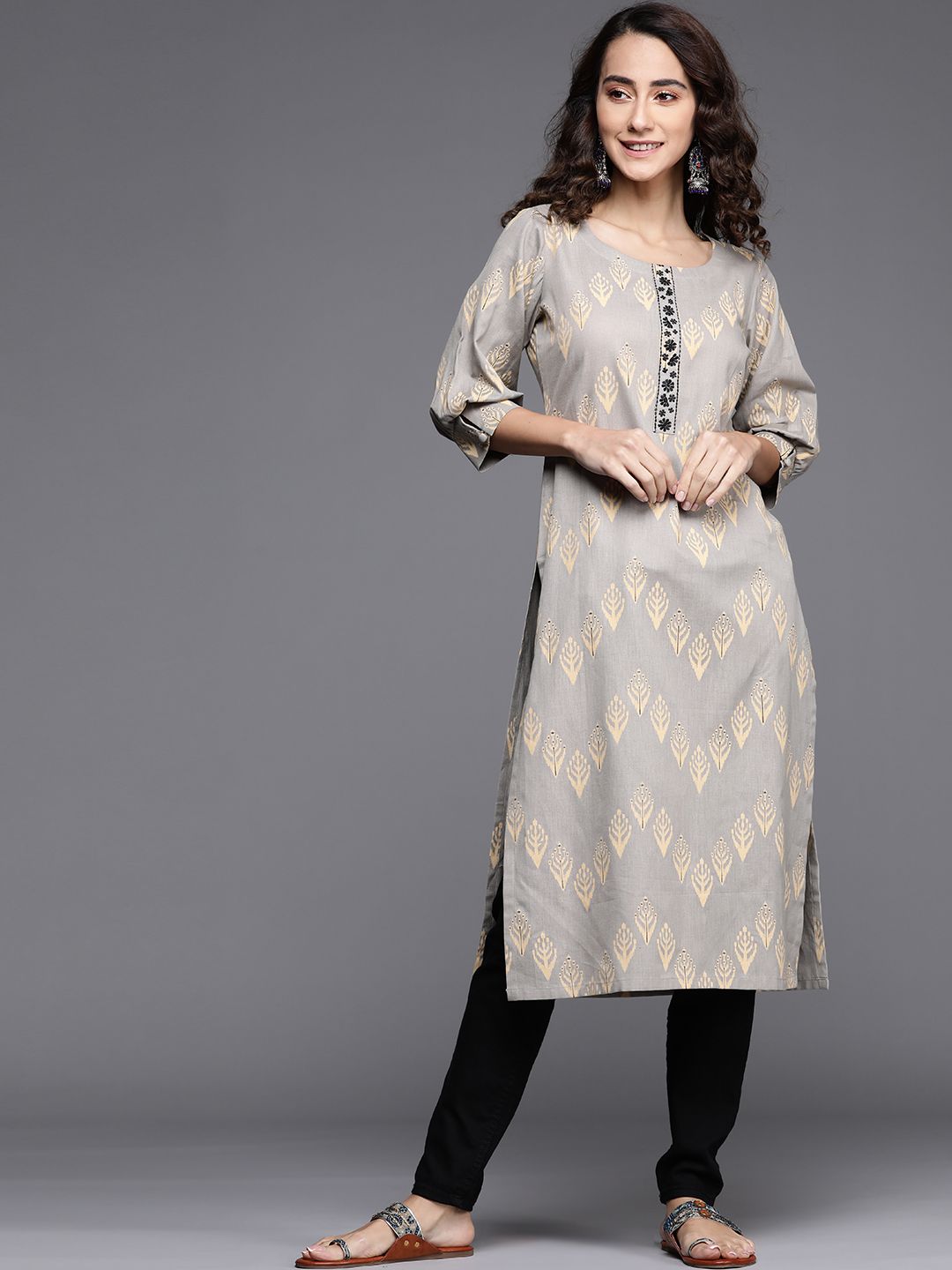 Libas Women Grey Floral Printed Kurta