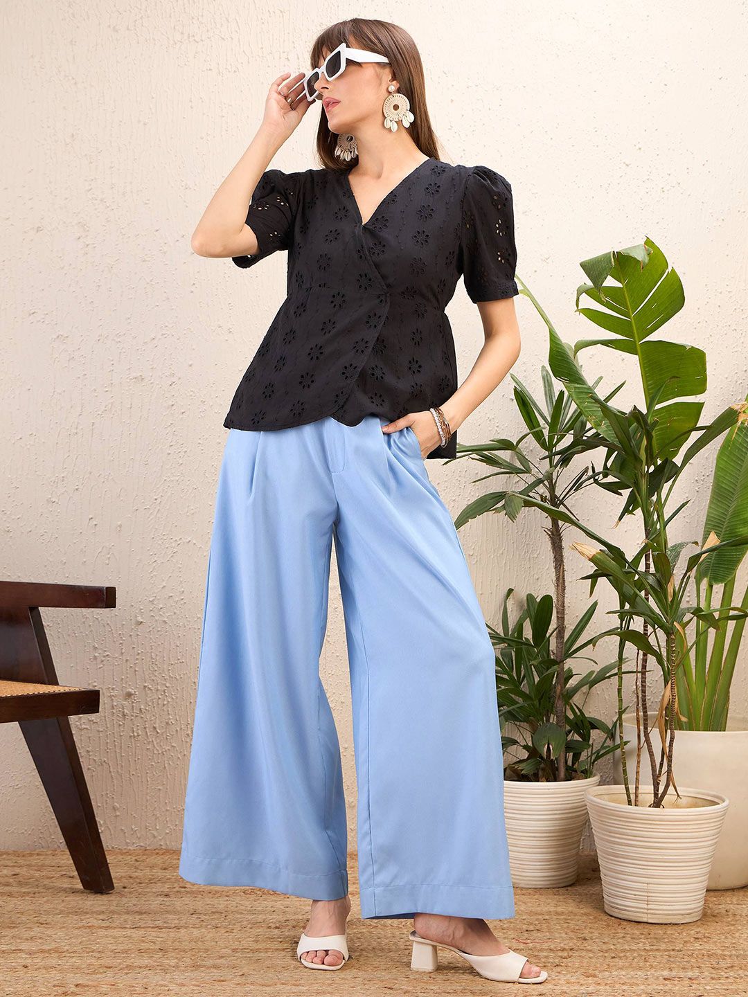 SASSAFRAS Black Self Design Schiffli Cotton Peplum Wrap Top
