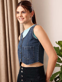 STREET 9 Sleeveless Crop Cotton Denim Jacket