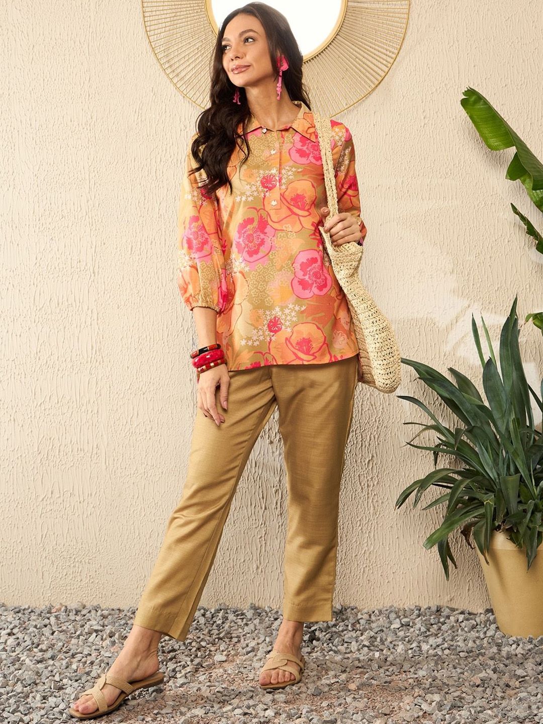 KALINI Floral Printed Shirt Collar Three-Quarter Sleeves Top With Trouser