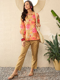 KALINI Floral Printed Shirt Collar Three-Quarter Sleeves Top With Trouser