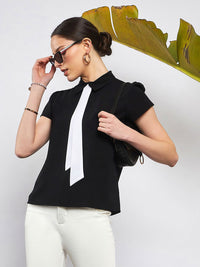 SASSAFRAS Black Shirt Collar Tie Detailed Georgette Top