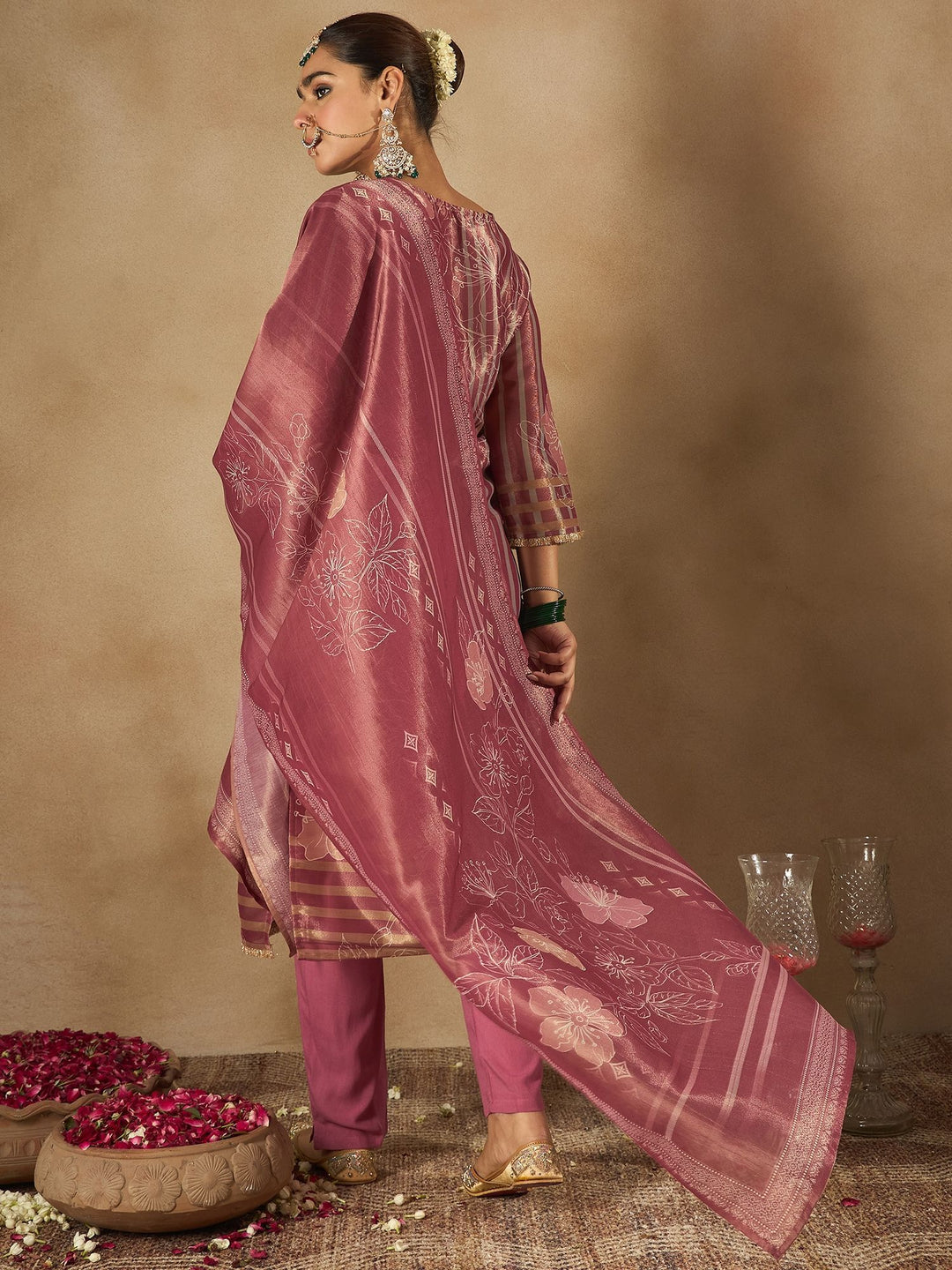 Indo Era Floral Printed Sequinned Straight Kurta With Trousers And Dupatta