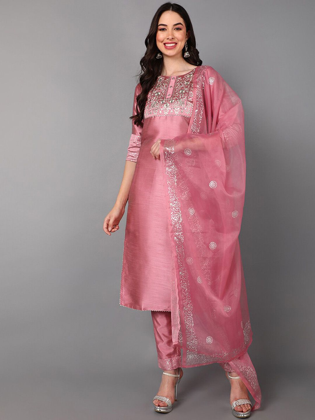 KALINI Floral Yoke Designed Regular Kurta With Trousers & Dupatta