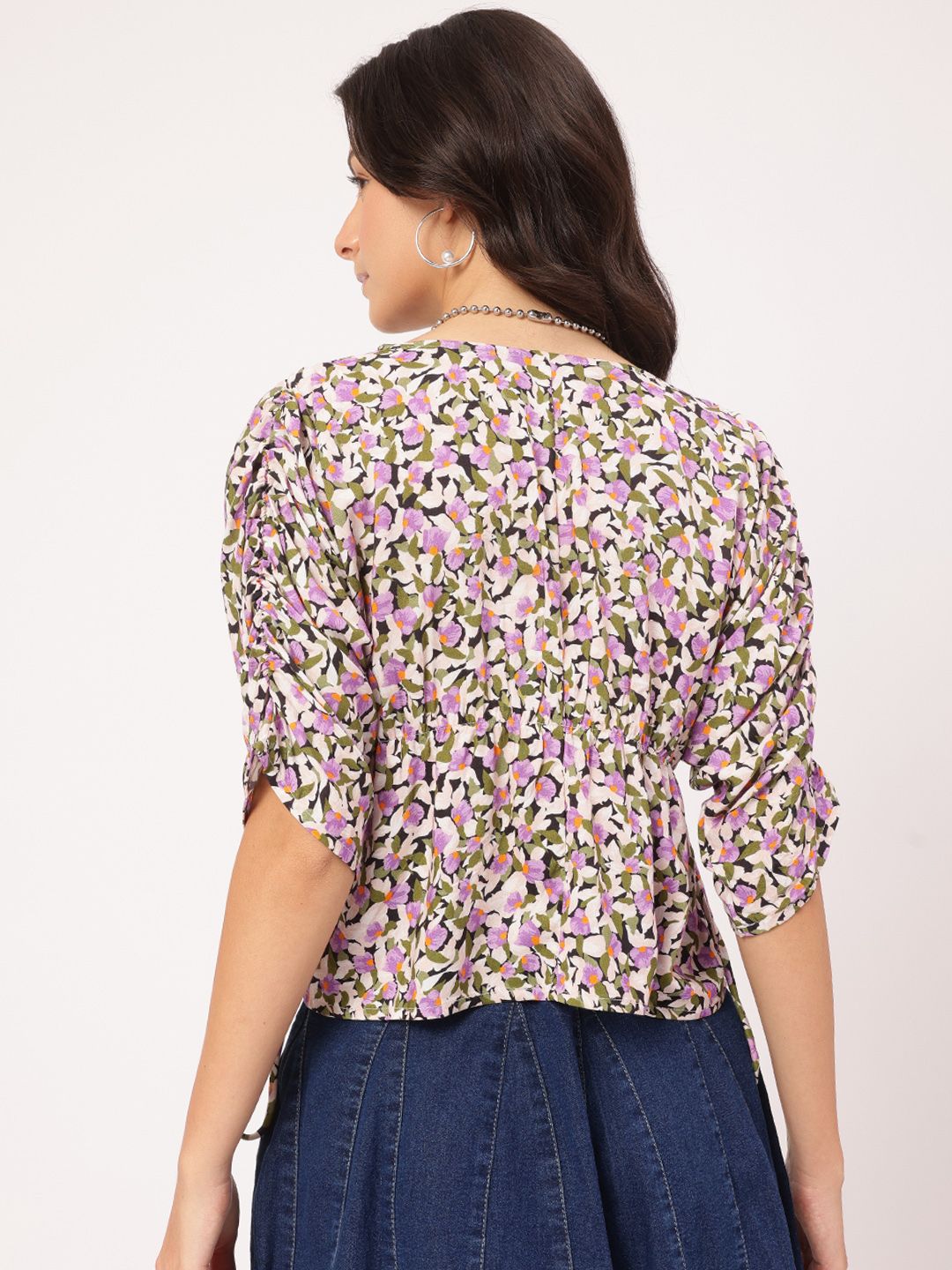 DressBerry Floral Mania Ruched Sleeves Cinched Waist Top
