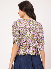 DressBerry Floral Mania Ruched Sleeves Cinched Waist Top