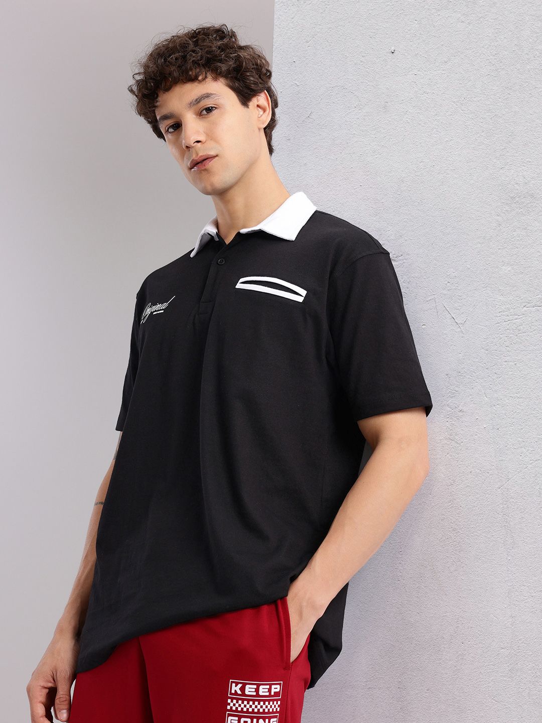 HRX by Hrithik Roshan Typography Print Detail Drop-Sleeves Relaxed Fit Polo Collar T-shirt