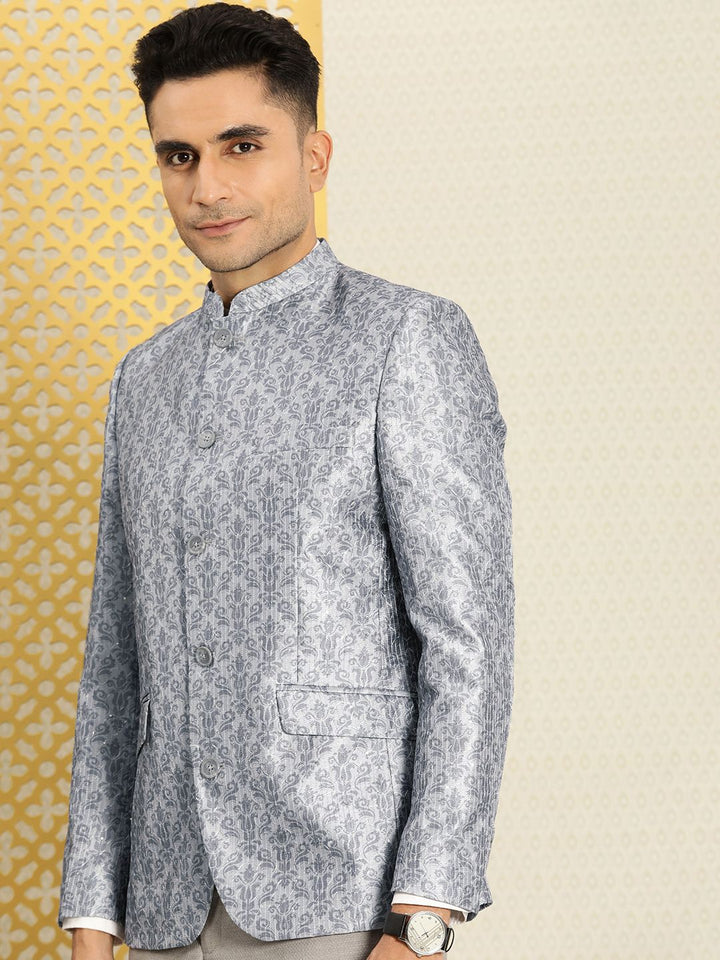 House of Pataudi Jashn Mandarin Collar Self-Design Embroidered Bandhgala Blazer