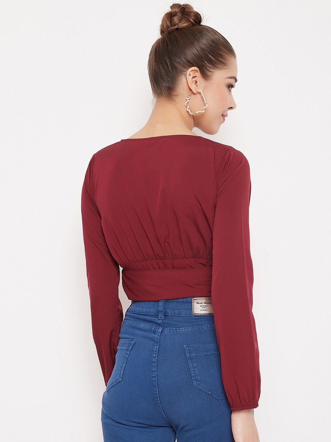 Berrylush Women Maroon Solid Wrap Crop Top