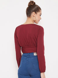 Berrylush Women Maroon Solid Wrap Crop Top