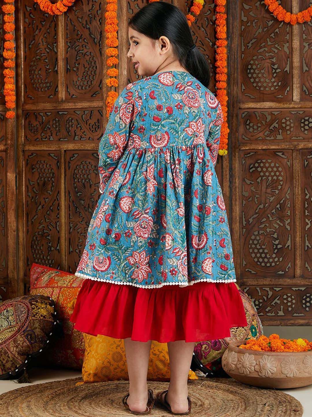 VASTRAMAY Cotton Fit & Flared Dress With Printed Jacket