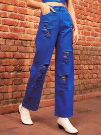 SASSAFRAS Women Blue Straight Fit High-Rise Highly Distressed Pure Cotton Jeans