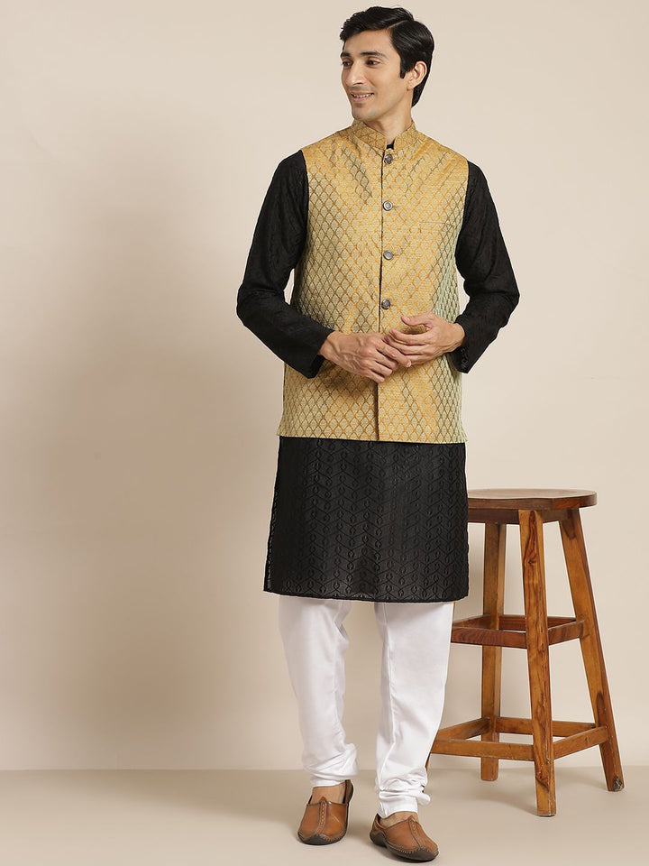 SOJANYA Men Black Chikankari Pure Cotton Kurta with Churidar & Nehru Jacket