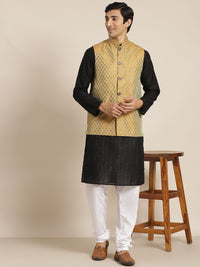 SOJANYA Men Black Chikankari Pure Cotton Kurta with Churidar & Nehru Jacket