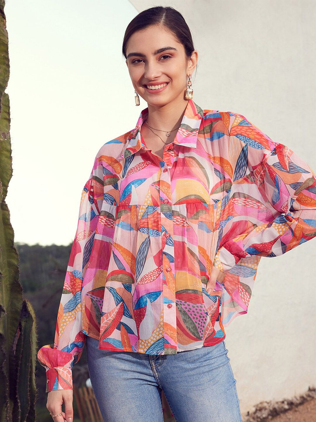 STREET 9 Women Pink & Yellow Comfort Floral Printed Casual Shirt