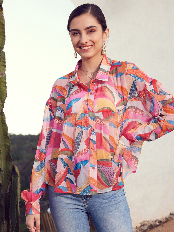STREET 9 Women Pink & Yellow Comfort Floral Printed Casual Shirt