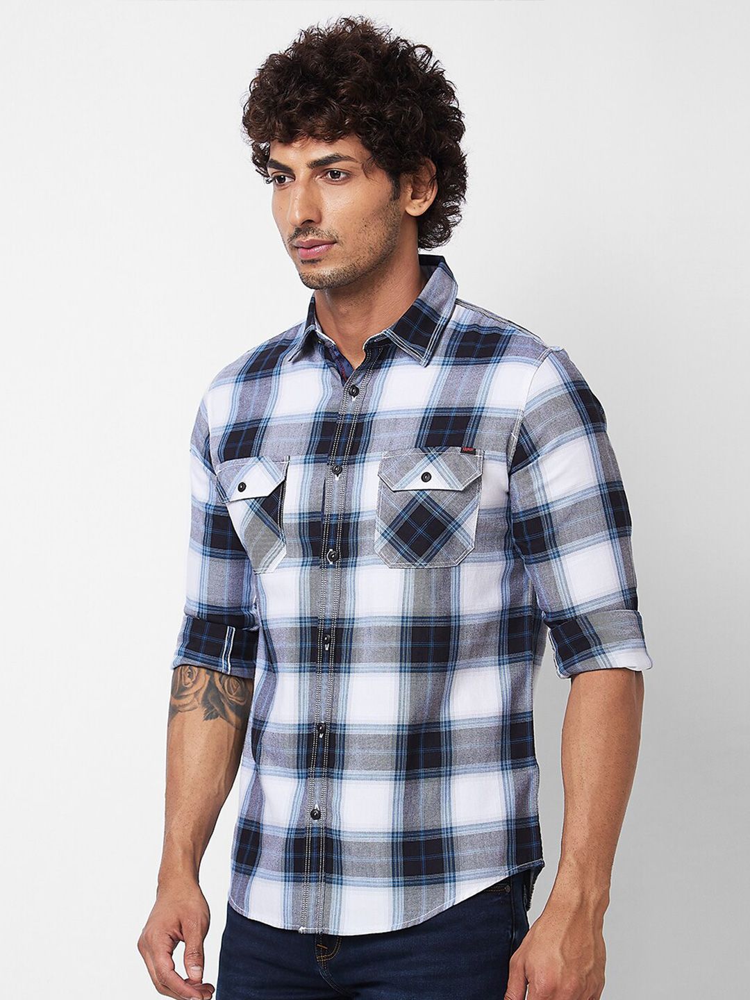 SPYKAR Long Sleeves Regular Fit Cotton Tartan Checks Opaque Checked Casual Shirt
