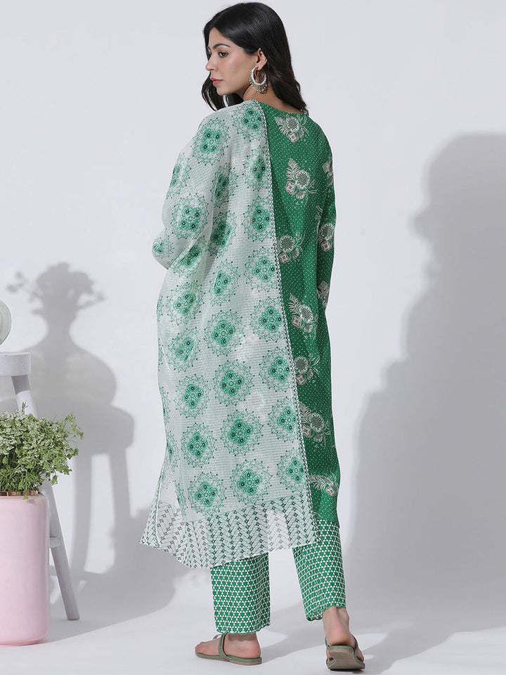 W Floral Printed Regular Mirror Work Straight Kurta with Trousers & With Dupatta