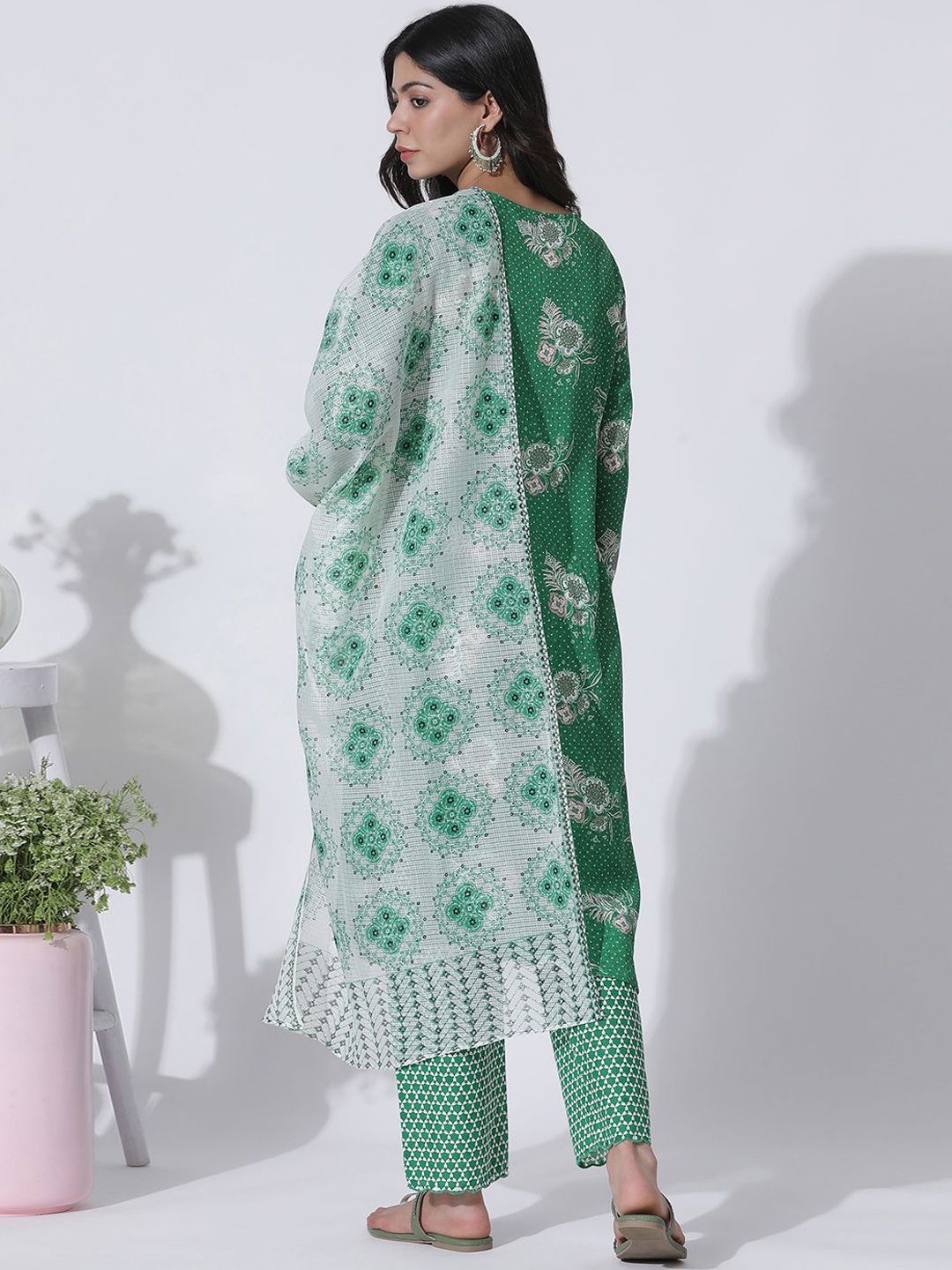 W Floral Printed Regular Mirror Work Straight Kurta with Trousers & With Dupatta