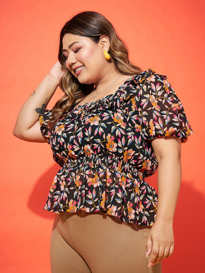 SASSAFRAS Curve Black Floral Print Puff Sleeve Georgette Cinched Waist Top